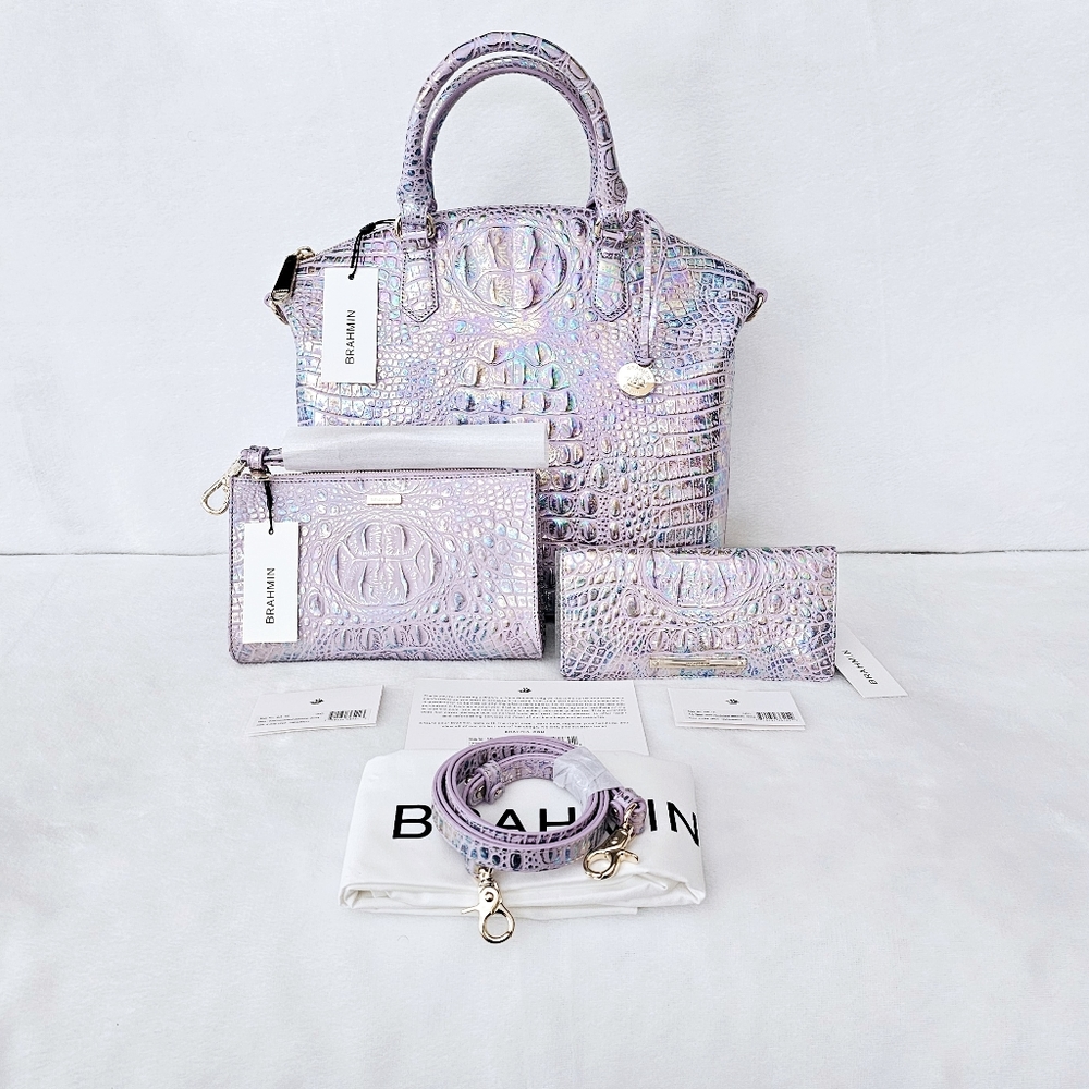 NWT Brahmin VIOLET WONDERLAND Large Duxbury, Daisy Wristlet & Ady Wallet
